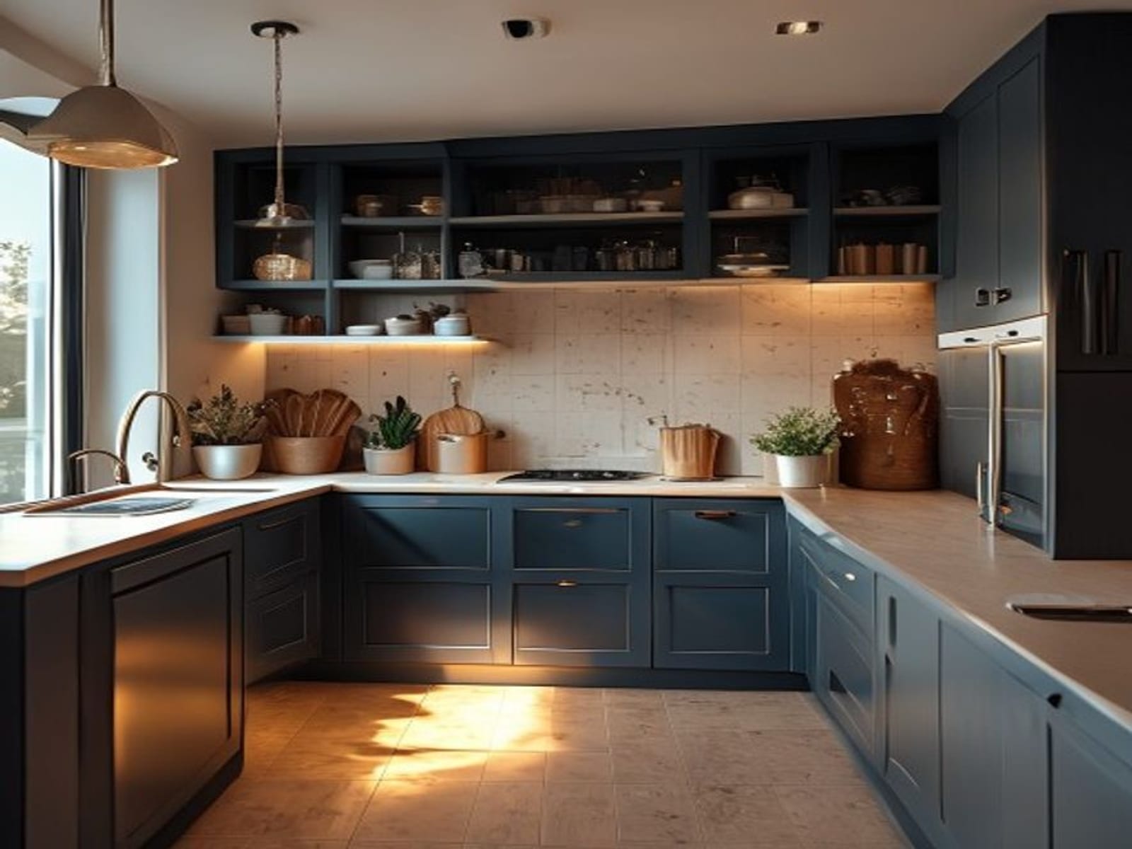 The same kitchen after refit, with bespoke units and a new worktop