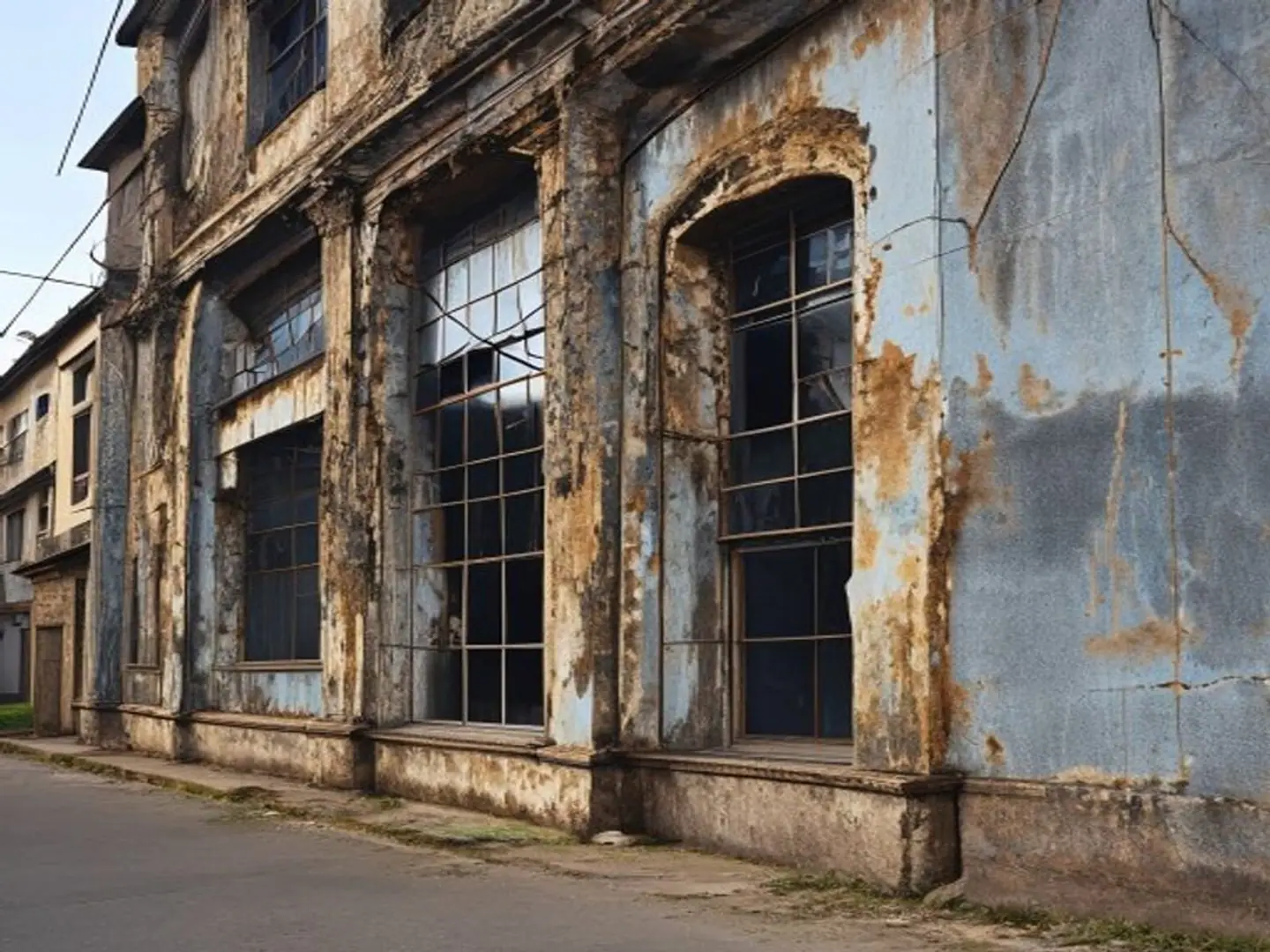 Weathered building facade before restoration, with blown render and staining