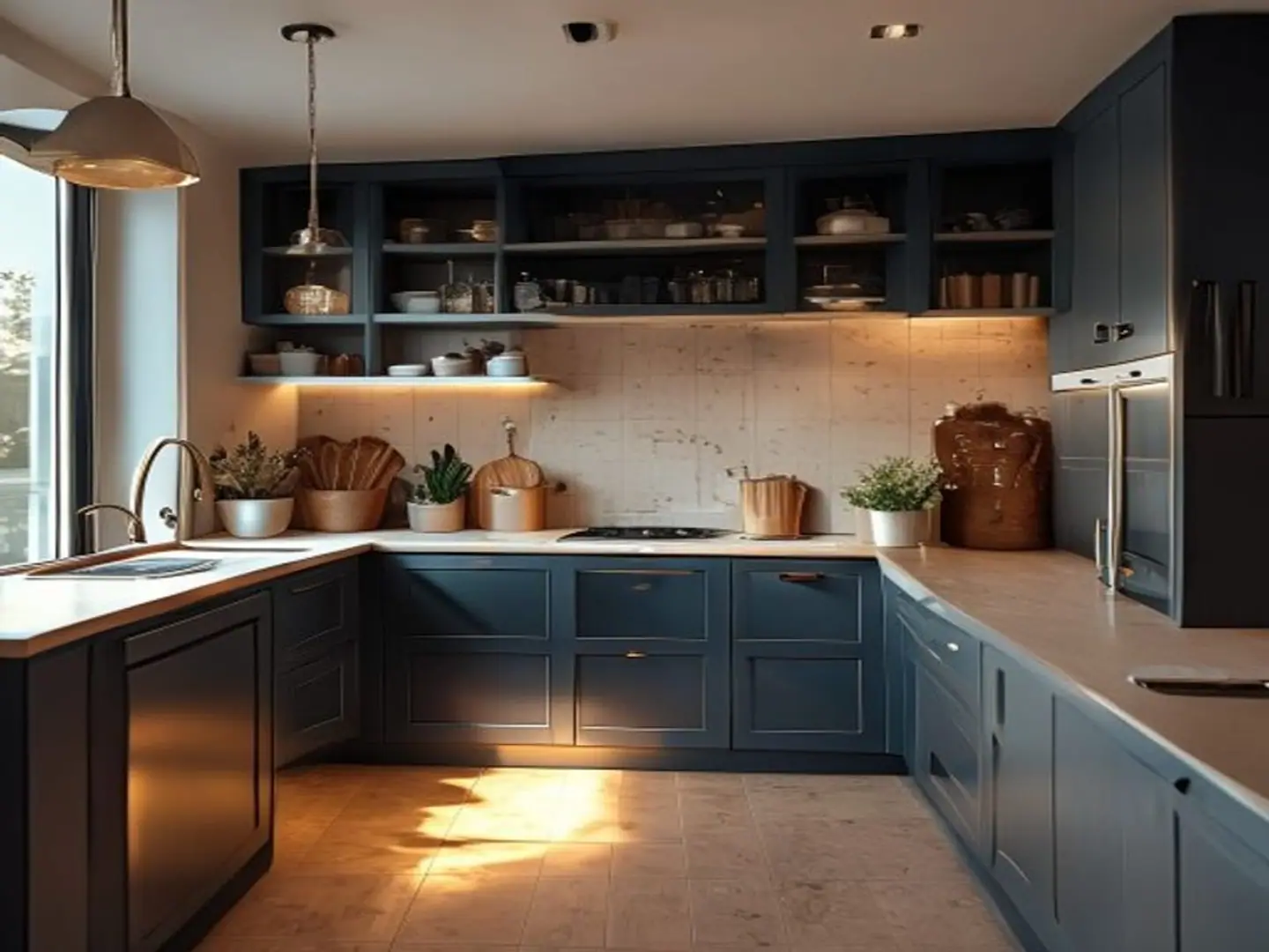 The same kitchen after refit, with bespoke units and a new worktop
