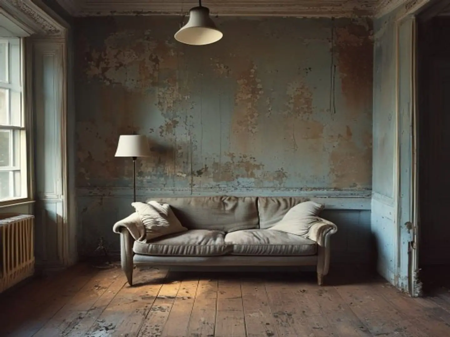 Tired living room before renovation, with peeling paint and worn flooring